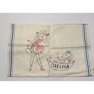 Vintage Retro Linen Kitchen Towel Embroidered Chores Washing Dishes
